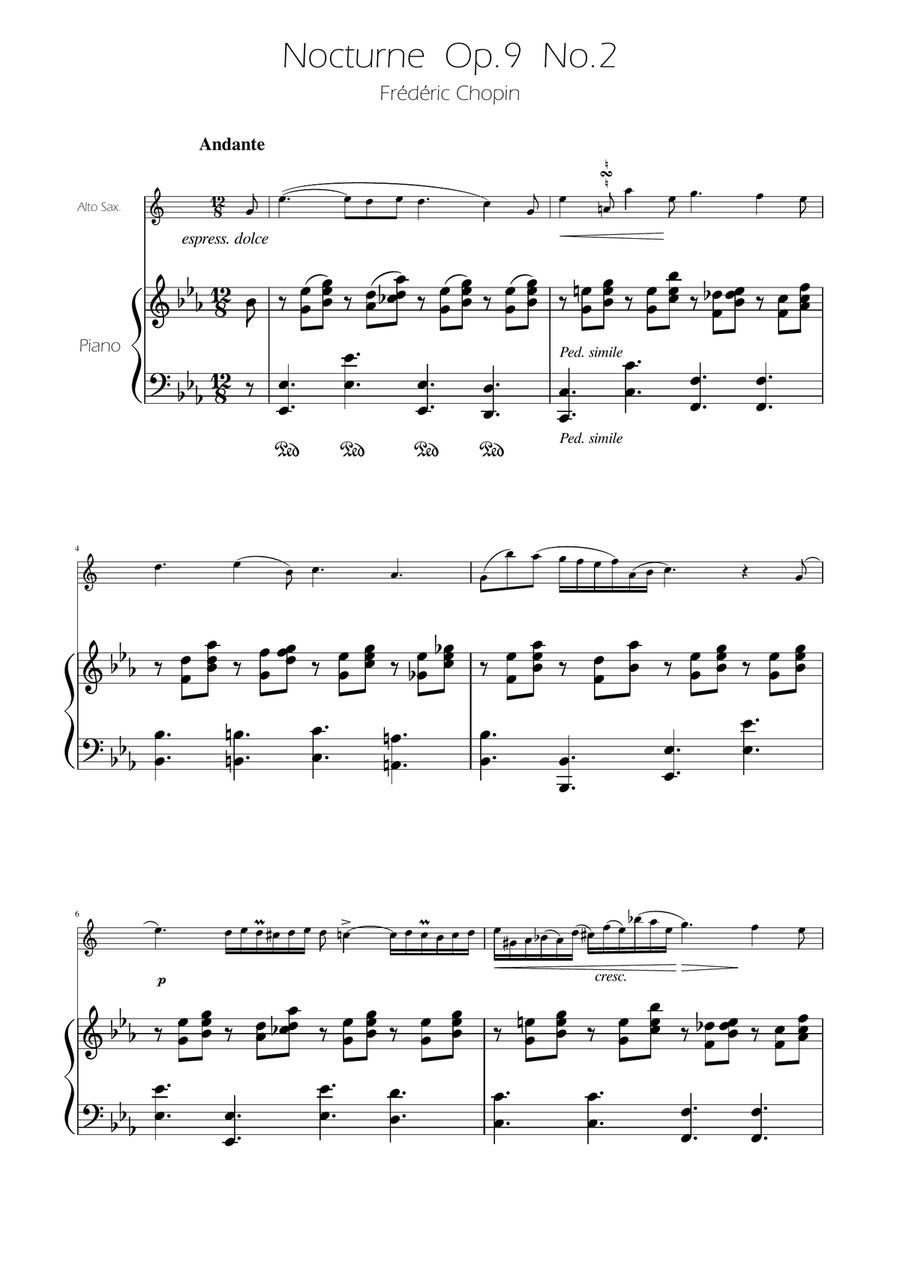 Chopin - Nocturne op.9 No.2 - Alto Sax Solo w/Piano Alto Saxophone scores gallery preview page 1