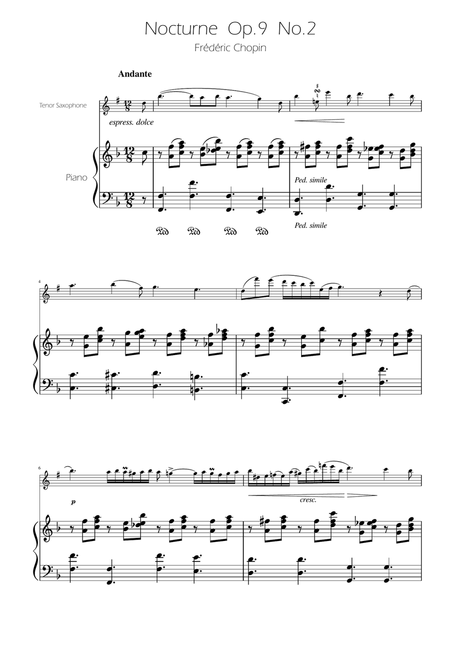 Chopin - Nocturne op.9 No.2 - Tenor Sax Solo w/Piano Tenor Saxophone scores gallery preview page 1