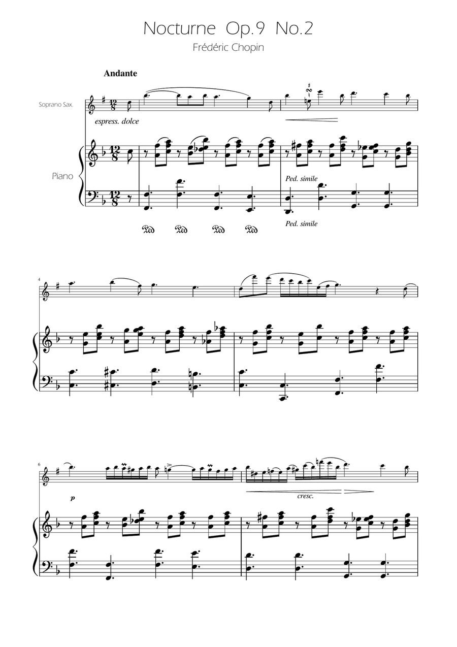 Chopin - Nocturne op.9 No.2 - Soprano Sax Solo w/Piano Soprano Saxophone scores gallery preview page 1