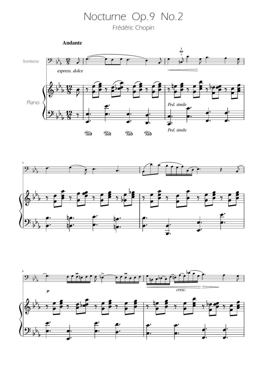 Chopin - Nocturne op.9 No.2 - Trombone Solo w/Piano Piano scores gallery preview page 1