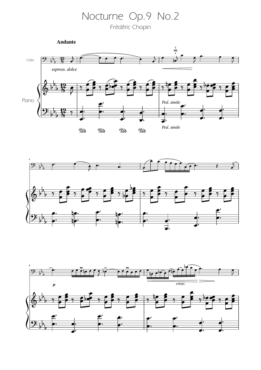 Chopin - Nocturne op.9 No.2 - Cello Solo w/Piano Piano scores gallery preview page 1
