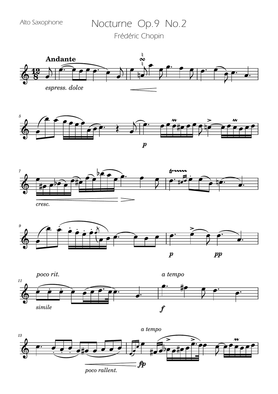 Chopin - Nocturne op.9 No.2 - Alto Sax Solo Alto Saxophone scores gallery preview page 1
