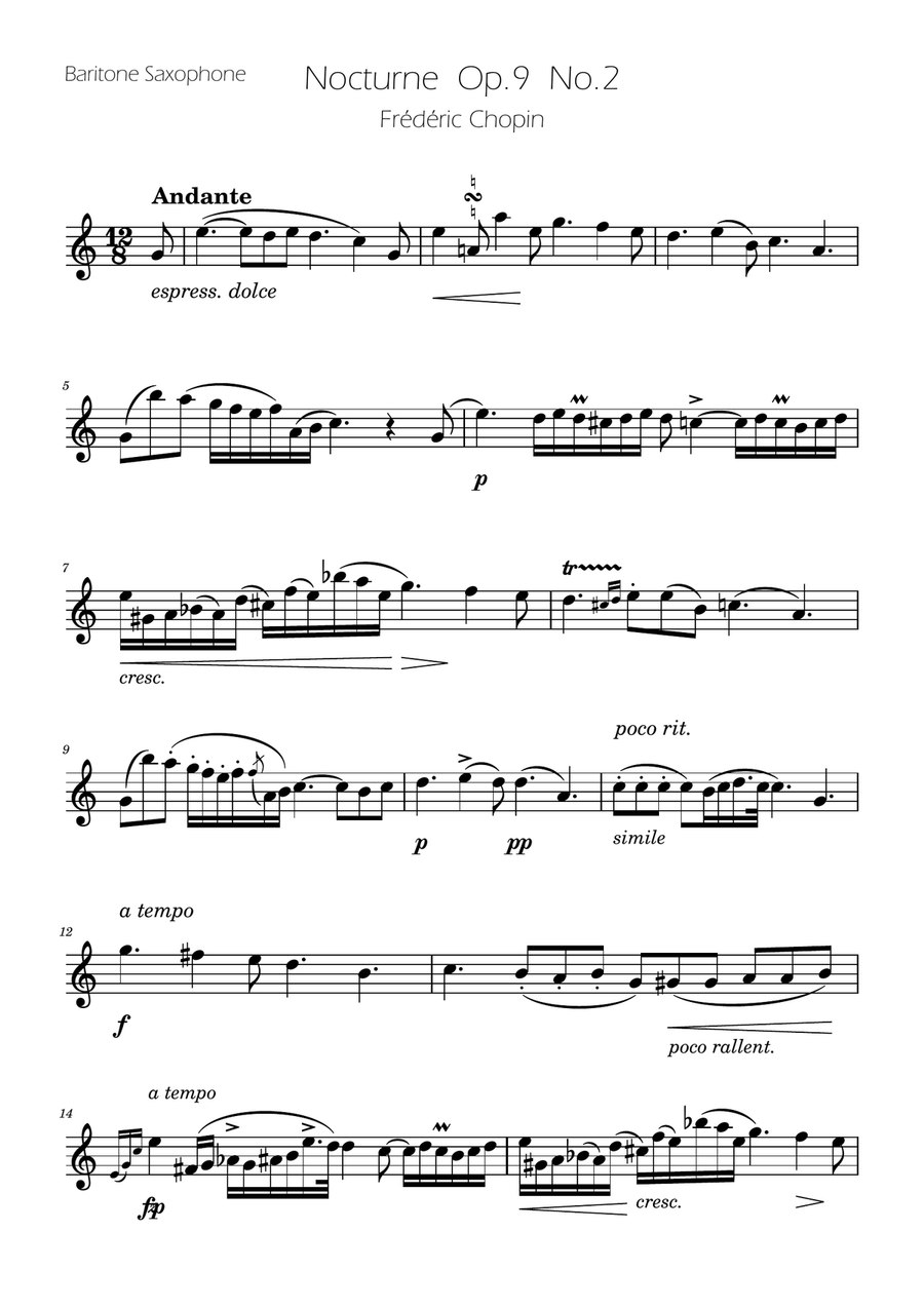 Chopin - Nocturne op.9 No.2 - Baritone Sax Solo Baritone Saxophone scores gallery preview page 1