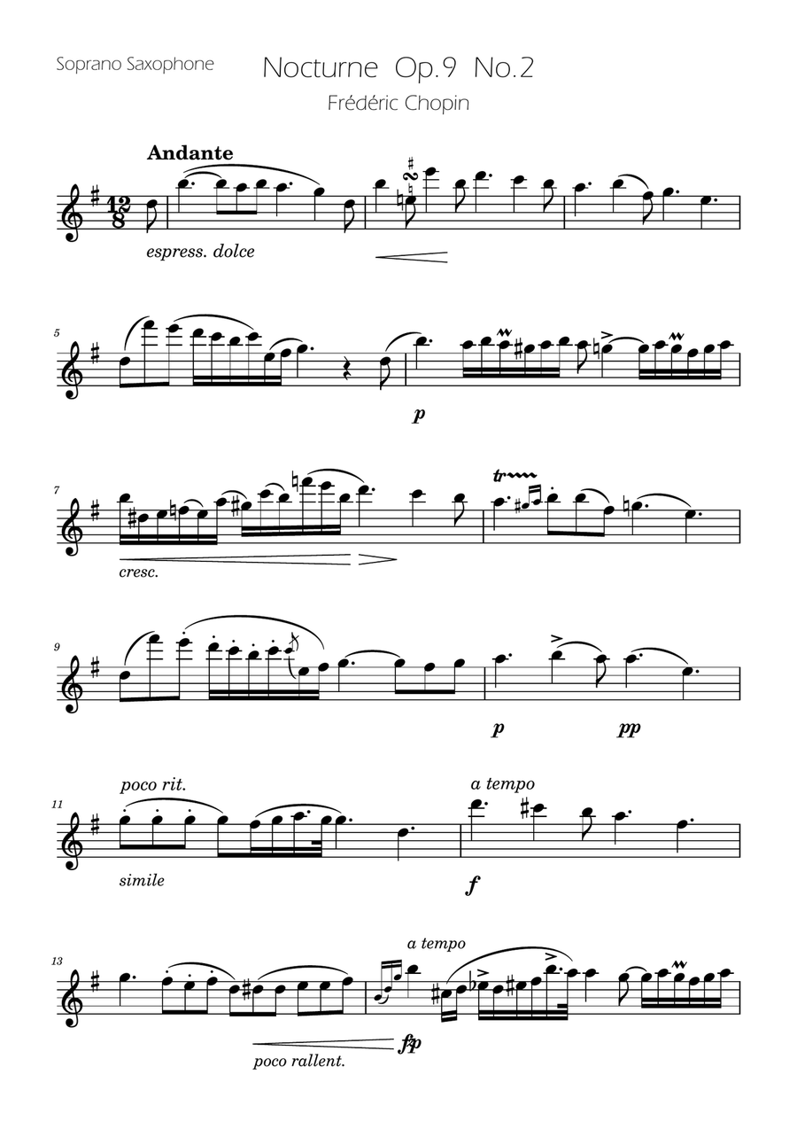 Chopin - Nocturne op.9 No.2 - Soprano Sax Solo Soprano Saxophone scores gallery preview page 1