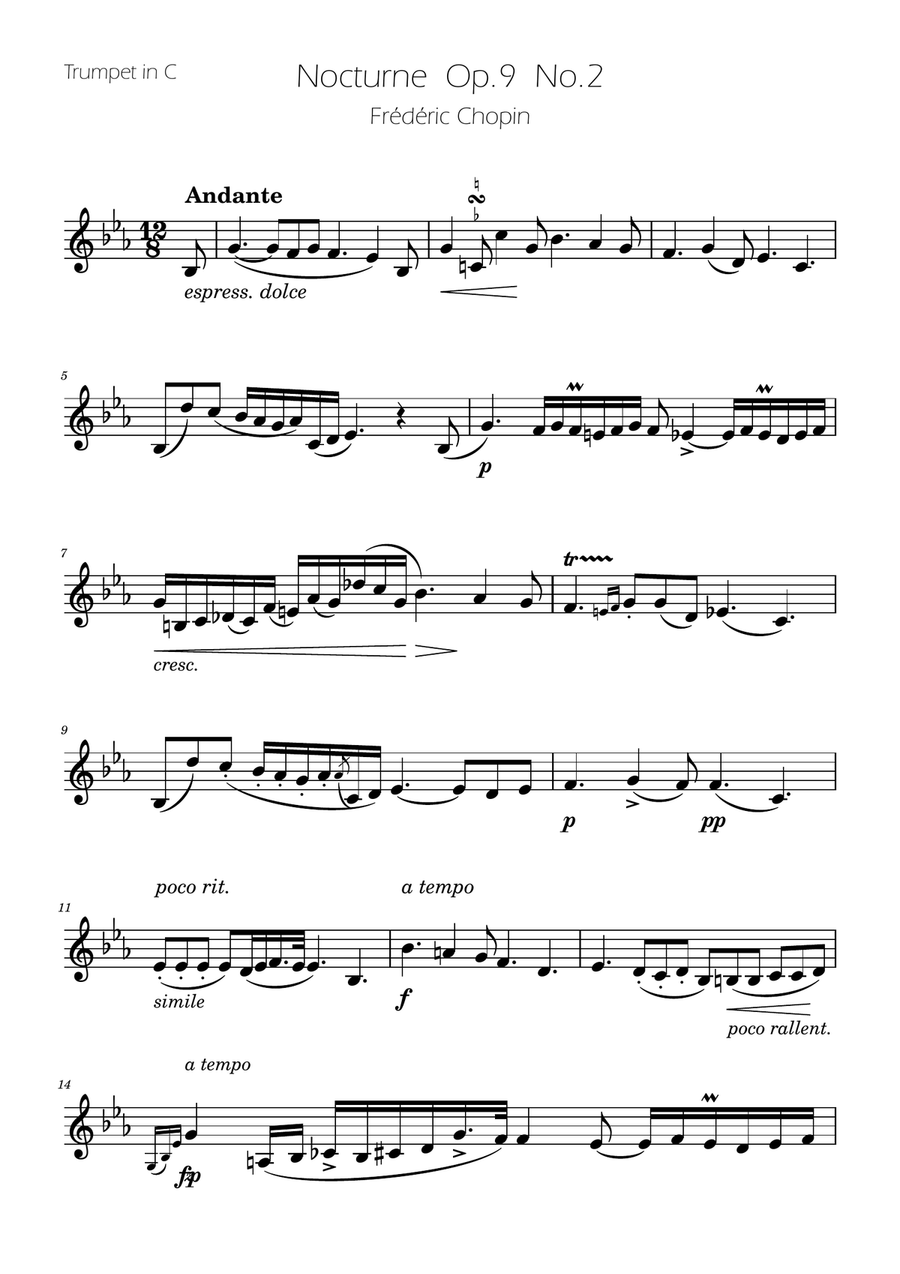 Chopin - Nocturne op.9 No.2 - Trumpet in C Solo C Trumpet scores gallery preview page 1
