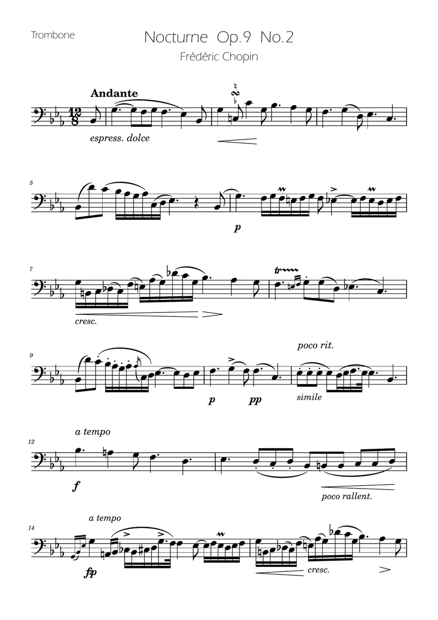 Chopin - Nocturne op.9 No.2 - Trombone Solo Trombone Solo scores gallery preview page 1