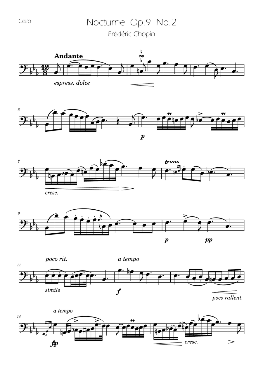 Chopin - Nocturne op.9 No.2 - Cello Solo Cello Solo scores gallery preview page 1