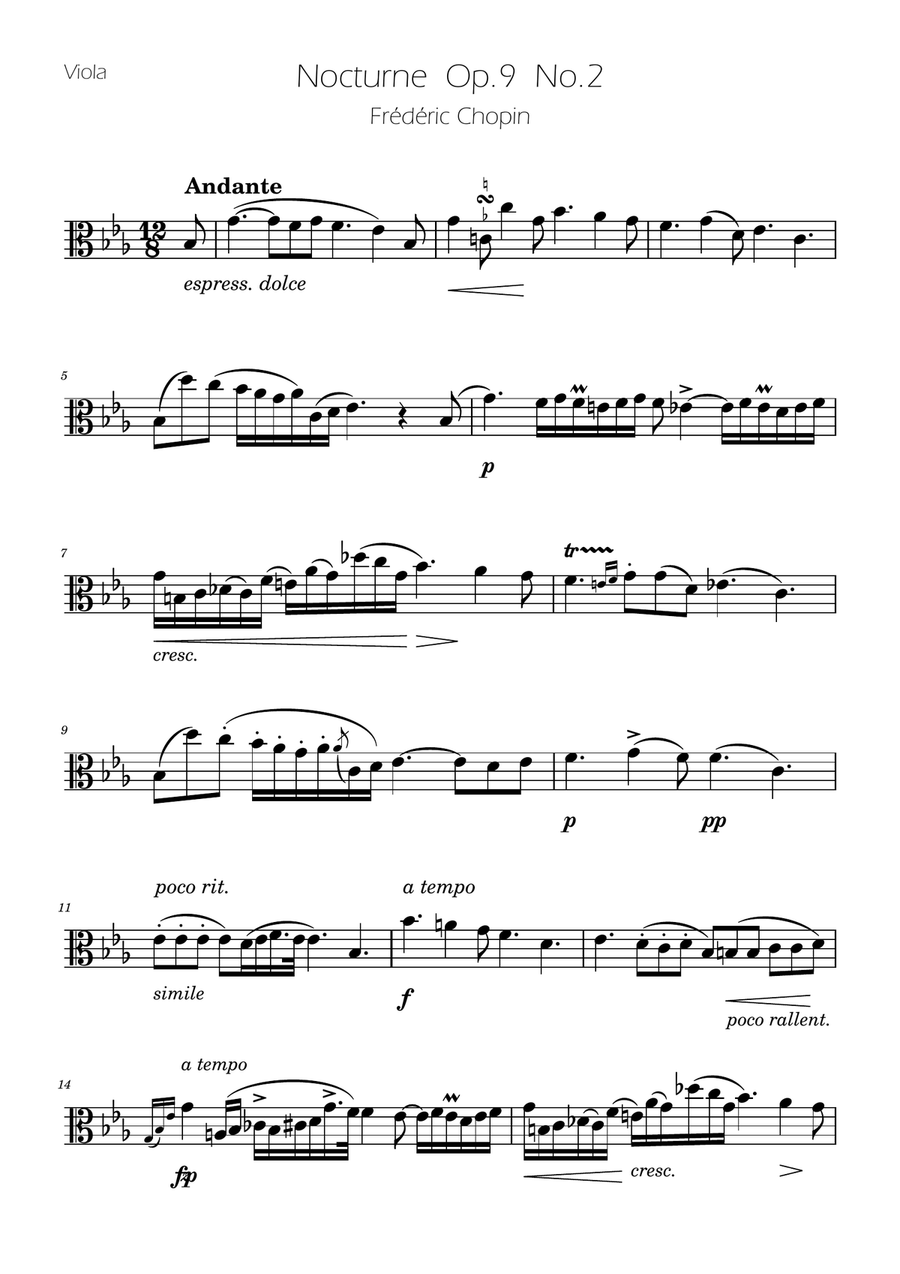 Chopin - Nocturne op.9 No.2 - Viola Solo Viola Solo scores gallery preview page 1