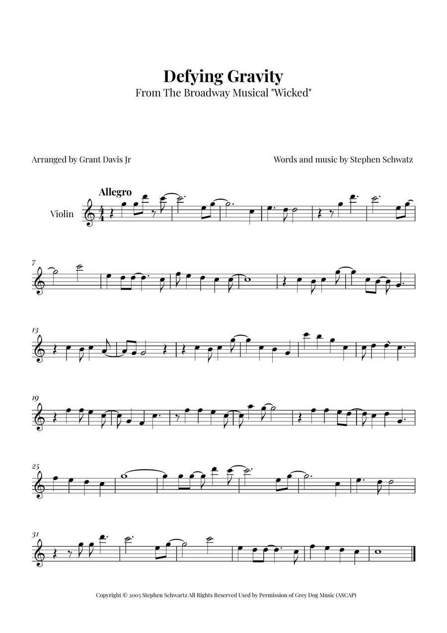 Defying Gravity Violin Solo scores gallery preview page 1