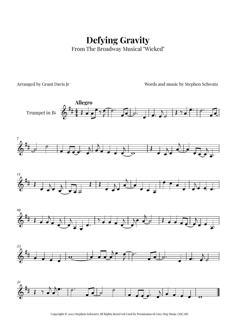 Defying Gravity B-Flat Trumpet scores gallery preview page 1