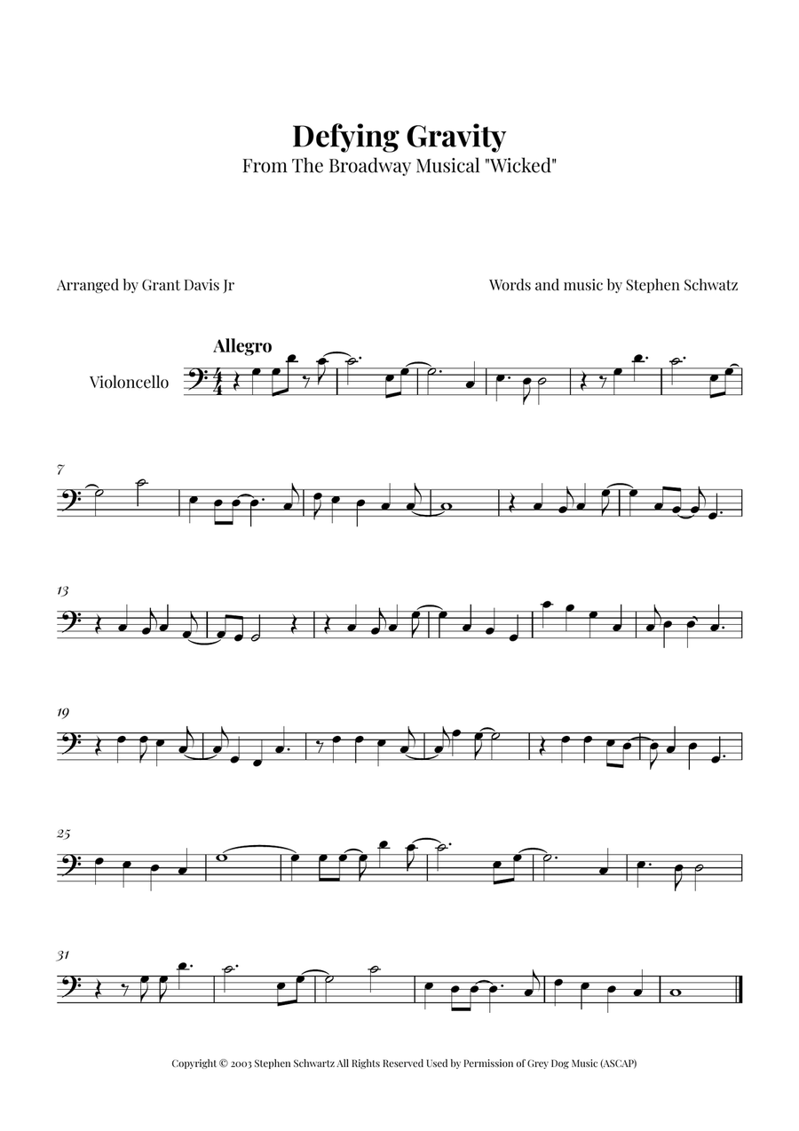 Defying Gravity Cello Solo scores gallery preview page 1