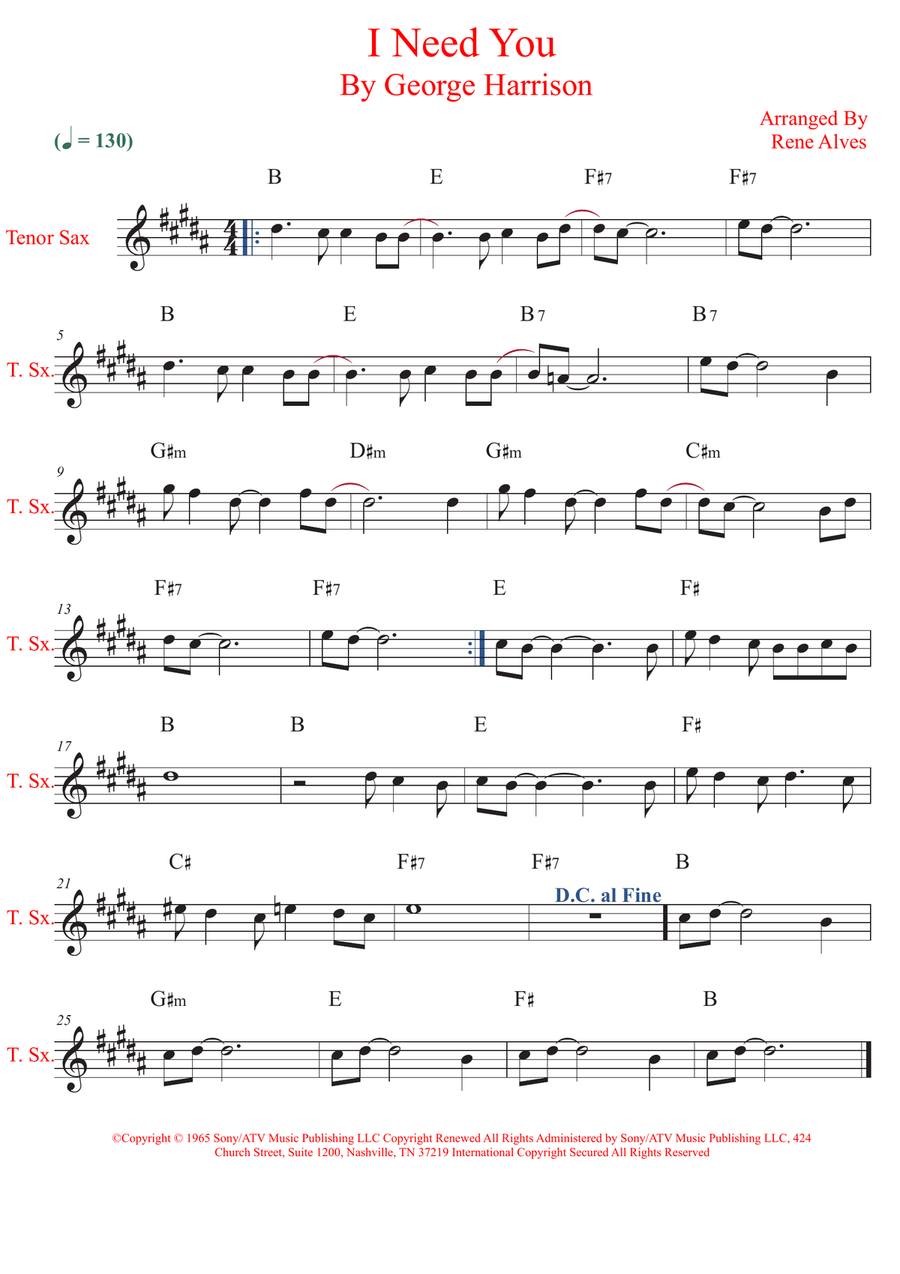 I Need You I Need You Tenor Saxophone scores gallery preview page 1