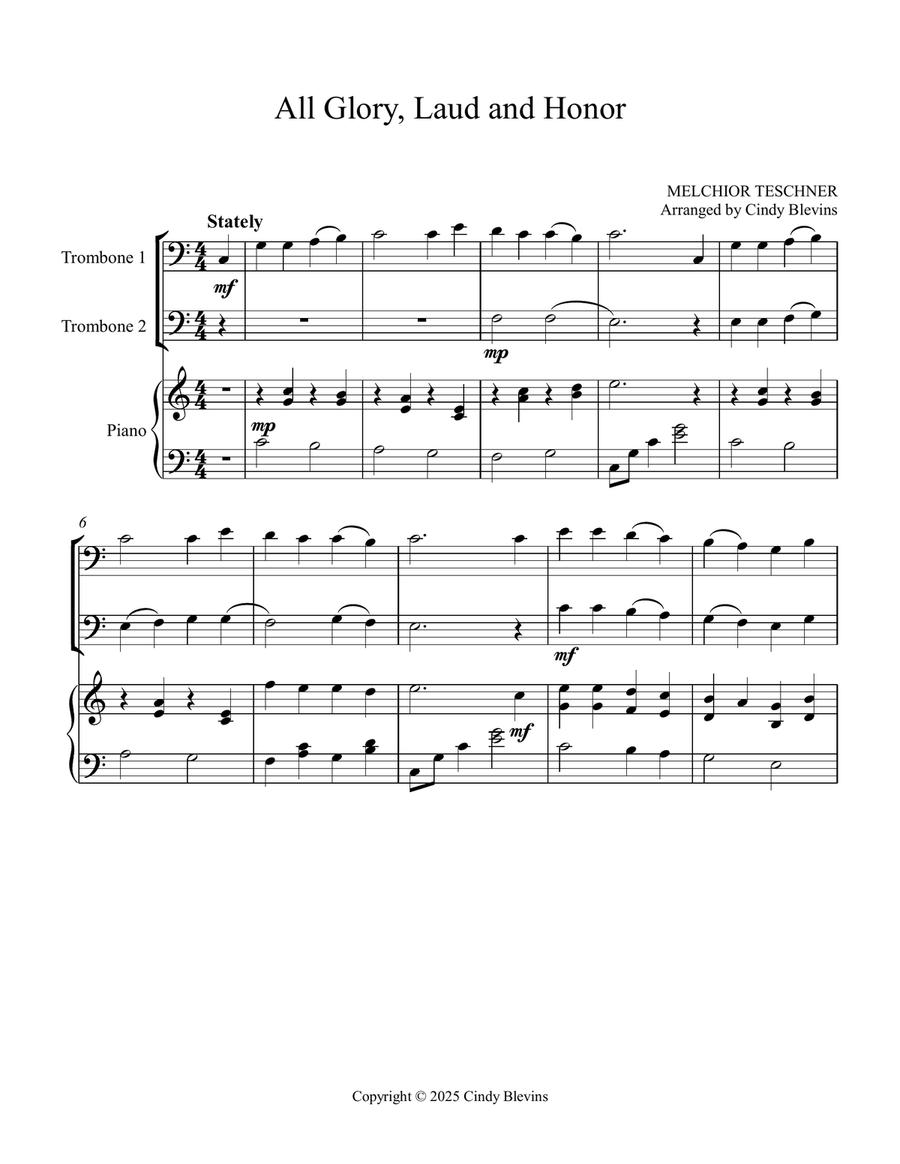 All Glory, Laud and Honor, for Two Trombones and Piano Trombone Duet scores gallery preview page 2