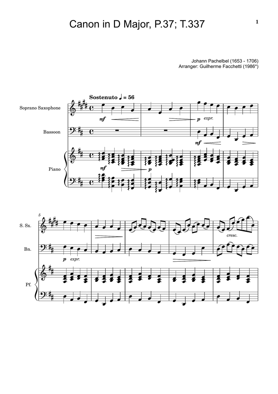Canon in D Major, P.37; T.337. S. Sax, Bassoon, and Piano. Score and Parts. Woodwind Duet scores gallery preview page 1