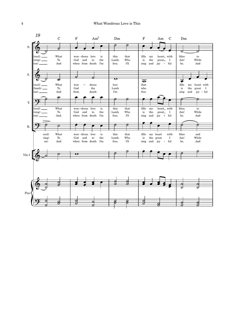 What Wondrous Love is This Original Lyrics SATB violin or flute or cello and piano 4-Part scores gallery preview page 4