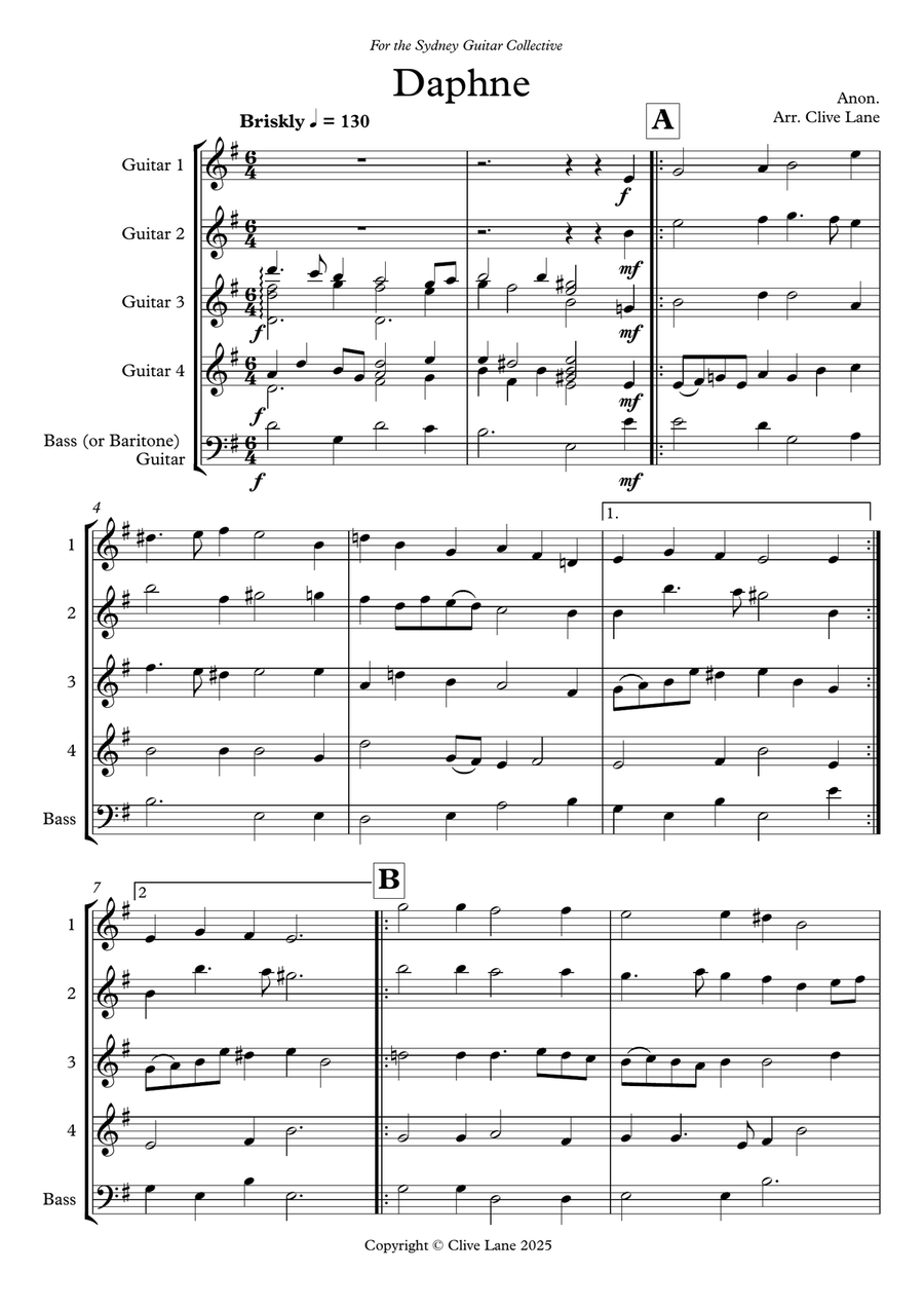 Daphne - a Renaissance melody arranged for guitar quintet/ensemble Guitar Ensemble scores gallery preview page 3