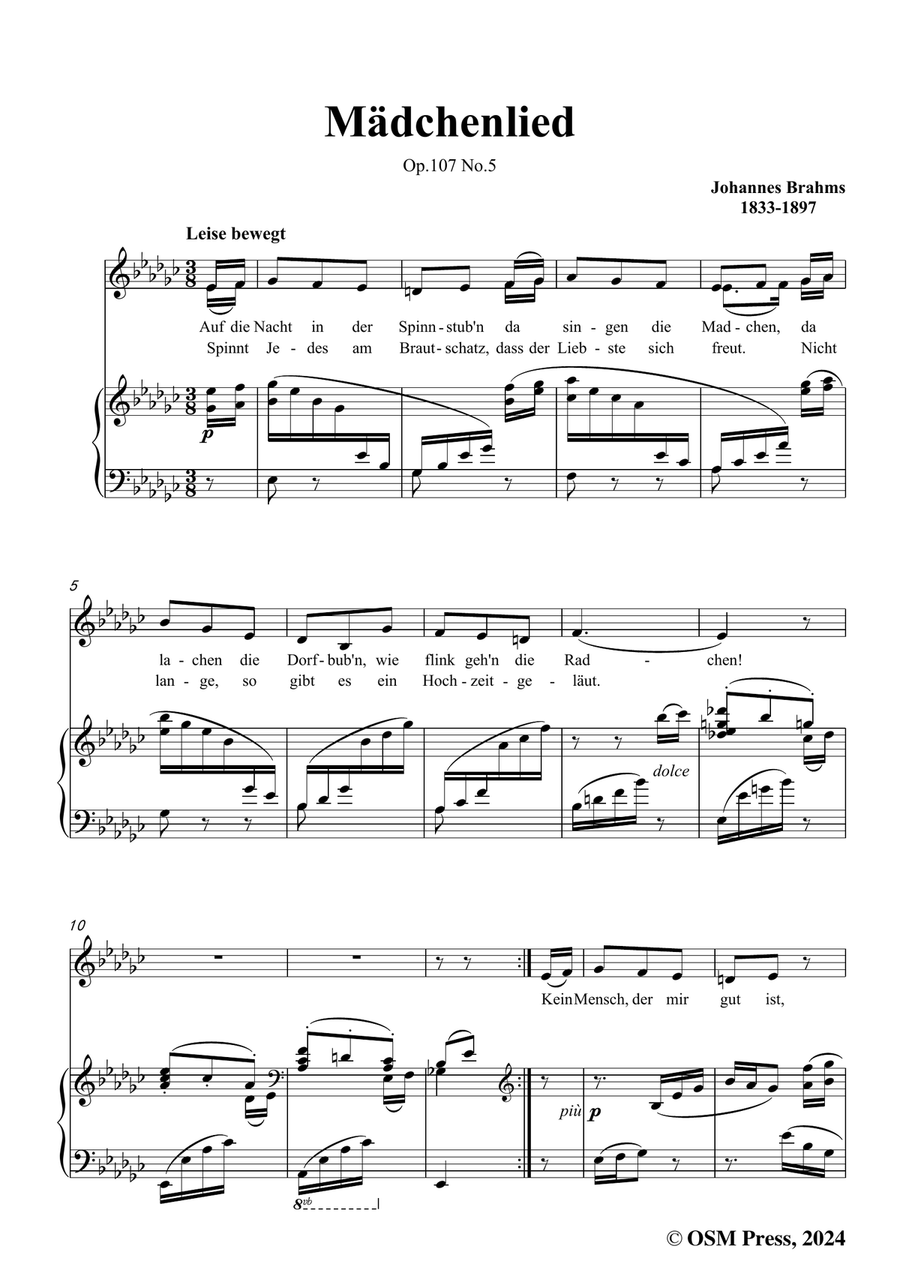Brahms-Madchenlied,in e flat minor Piano, Vocal scores gallery preview page 3