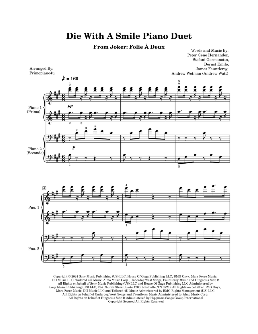 Die With A Smile Die With A Smile Piano Duet scores gallery preview page 1