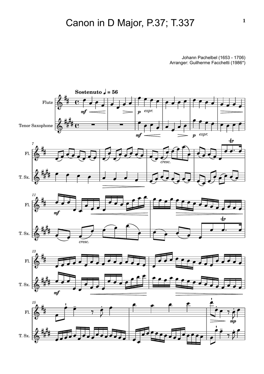 Canon in D Major, P.37; T.337. Arranged for Flute and Tenor Saxophone. Woodwind Duet scores gallery preview page 1