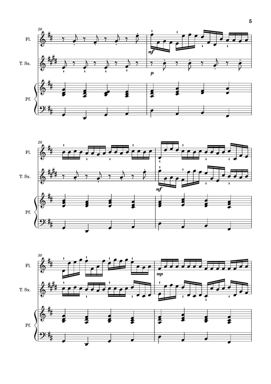 Canon in D Major, P.37; T.337. Flute, T. Sax and Piano. Score and Parts. Woodwind Duet scores gallery preview page 5