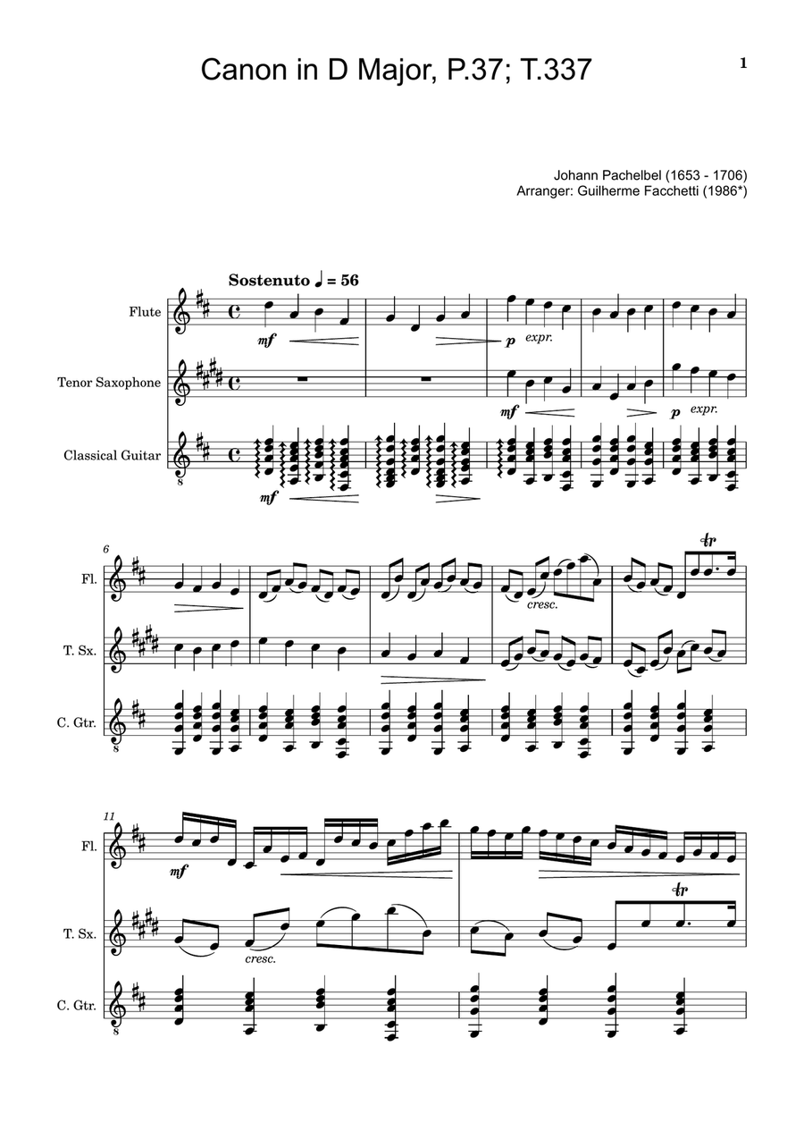 Canon in D Major, P.37; T.337. Flute, T. Sax and Guitar. Score and Parts. Chamber Music scores gallery preview page 1