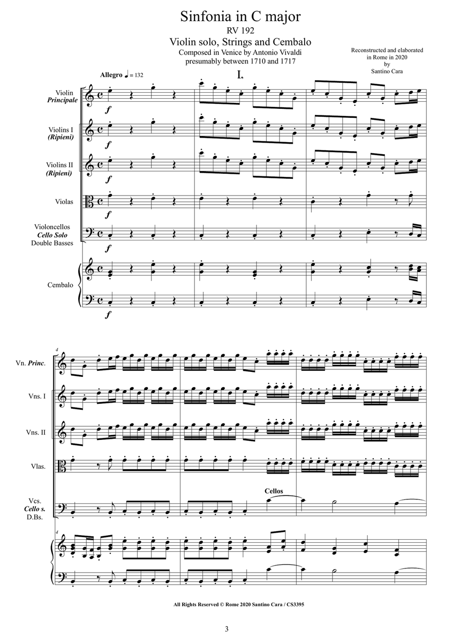 Vivaldi - Sinfonia in C major RV 192 for Violin solo, Strings and Cembalo Chamber Orchestra scores gallery preview page 3
