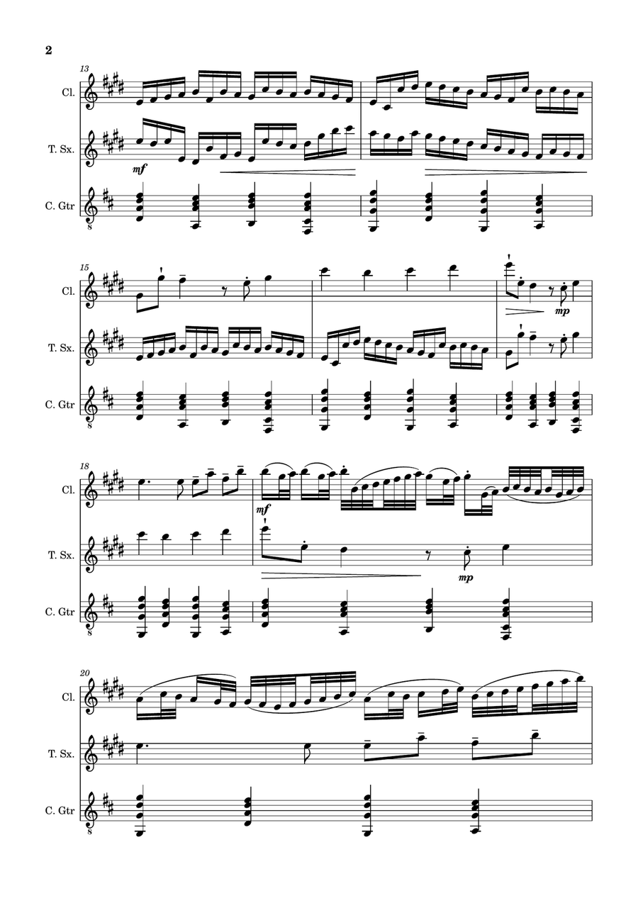 Canon in D Major, P.37; T.337. Clarinet, T. Sax and Guitar. Score and Parts. Chamber Music scores gallery preview page 2