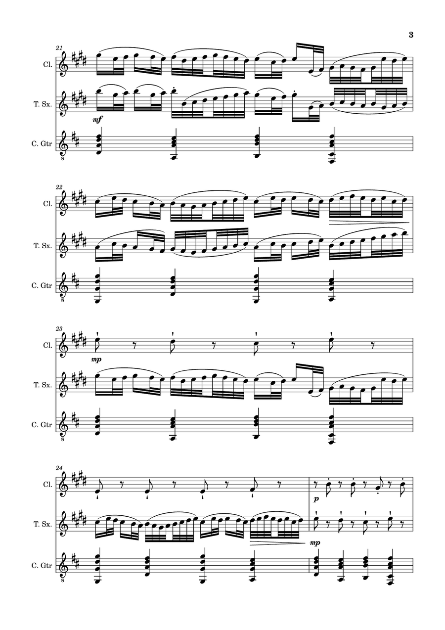 Canon in D Major, P.37; T.337. Clarinet, T. Sax and Guitar. Score and Parts. Chamber Music scores gallery preview page 3