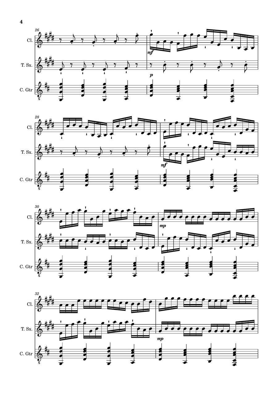 Canon in D Major, P.37; T.337. Clarinet, T. Sax and Guitar. Score and Parts. Chamber Music scores gallery preview page 4