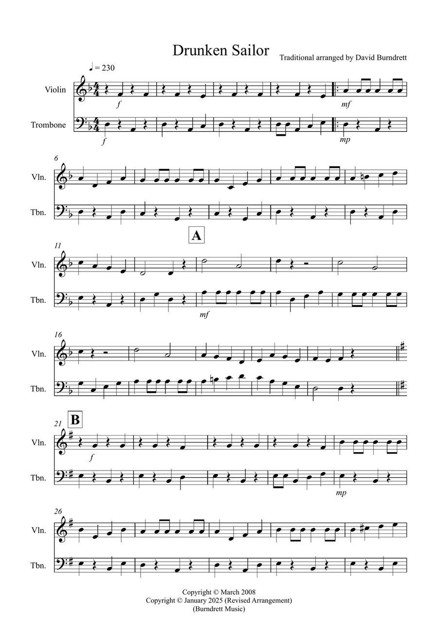 Drunken Sailor Violin and Trombone Duet Trombone scores gallery preview page 1
