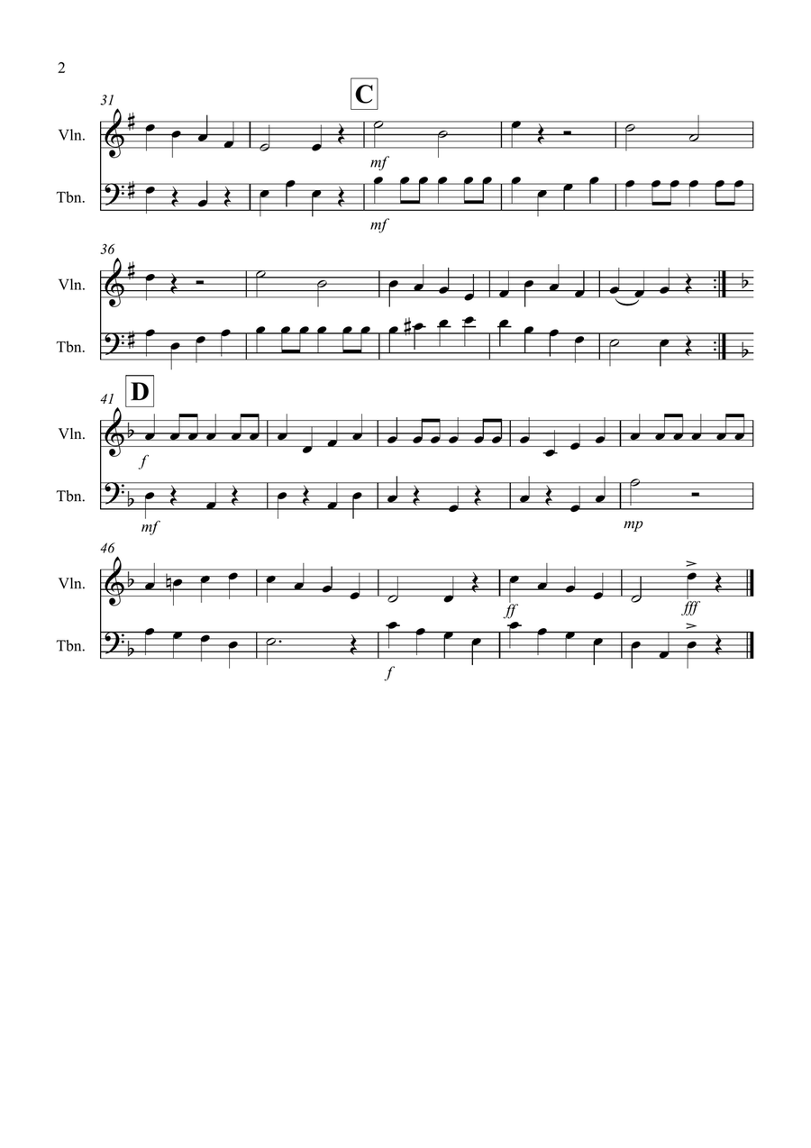 Drunken Sailor Violin and Trombone Duet Trombone scores gallery preview page 2