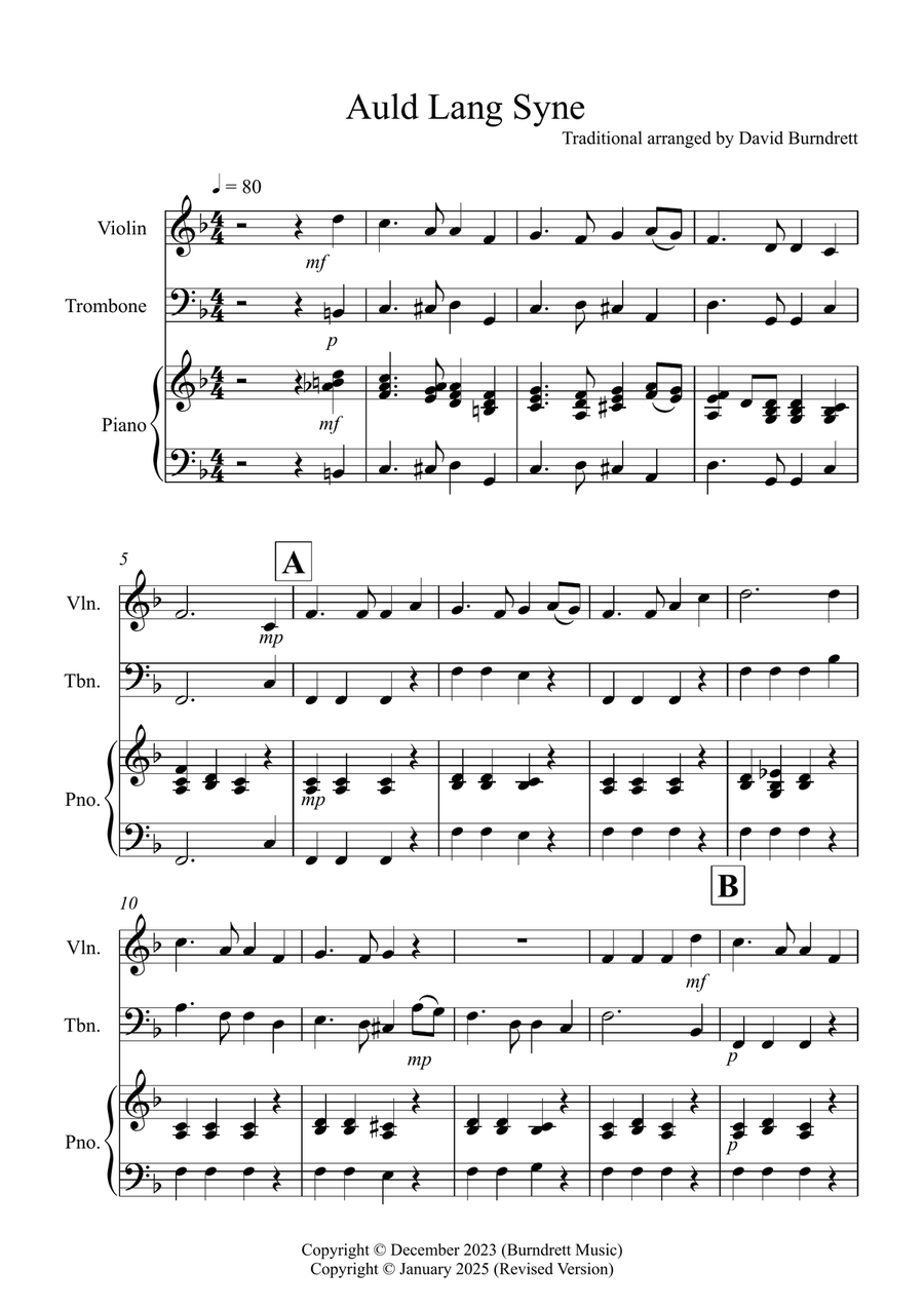 Auld Lang Syne for Violin and Trombone Duet Trombone scores gallery preview page 1