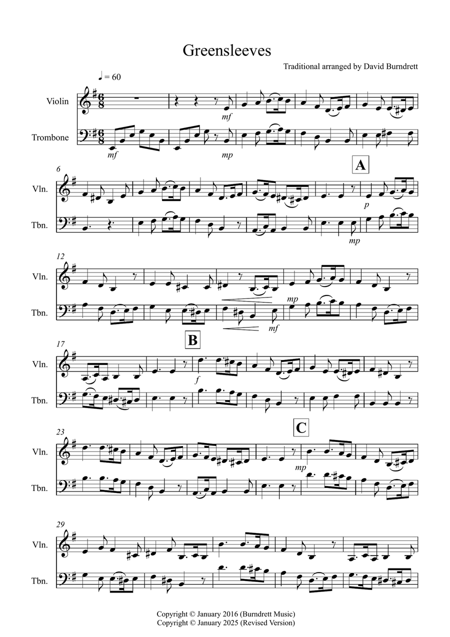 Greensleeves for Violin and Trombone Duet Trombone scores gallery preview page 1