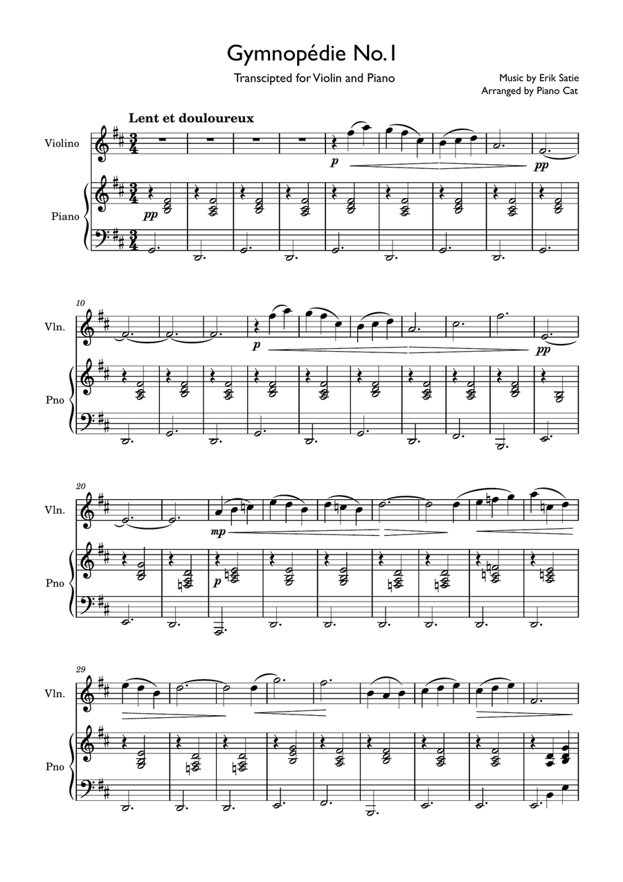Gymnopédie no.1 (Erik Satie) - EASY violin and piano sheet music Violin Solo scores gallery preview page 1