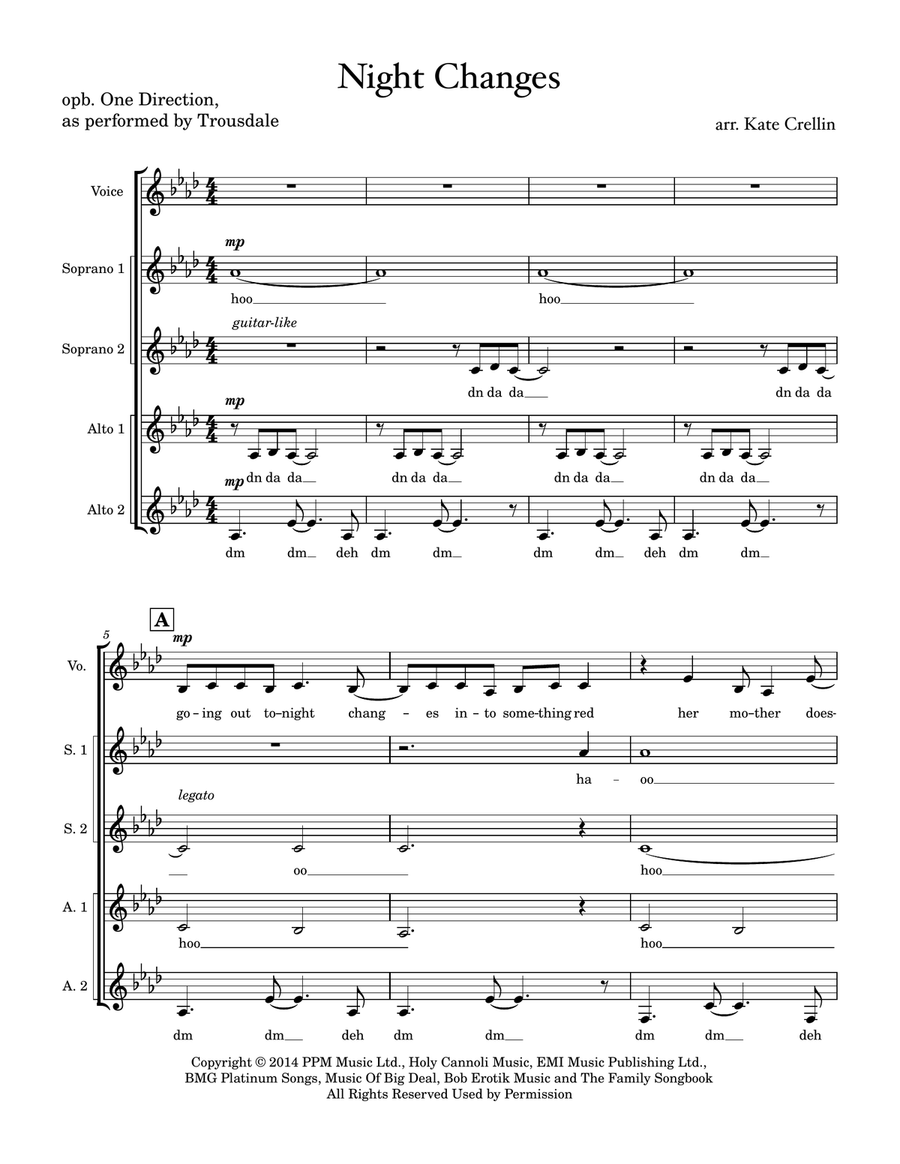 Night Changes by One Direction SSAA - Digital Sheet Music