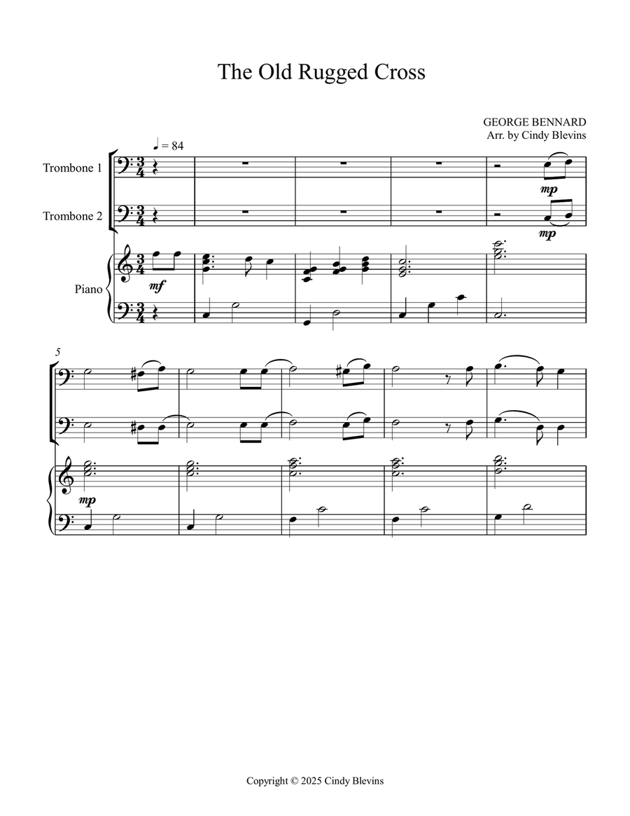 The Old Rugged Cross, for Two Trombones and Piano Trombone Duet scores gallery preview page 2