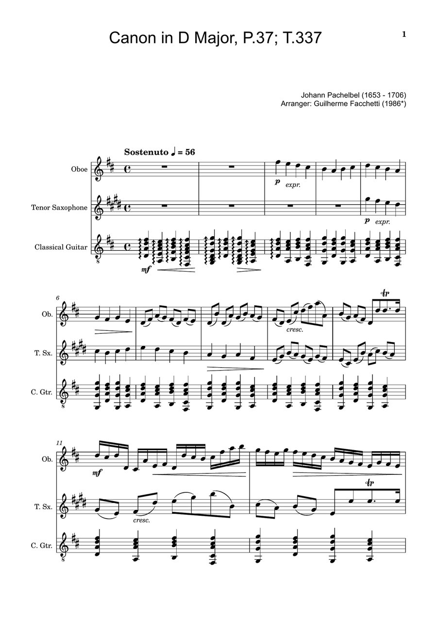 Canon in D Major, P.37; T.337. Oboe, T. Sax and Guitar. Score and Parts Chamber Music scores gallery preview page 1