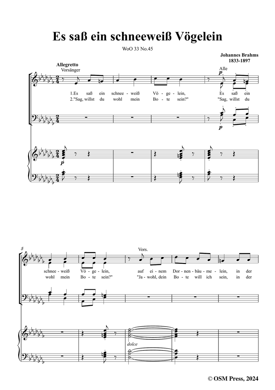 Brahms-Es sass ein schneeweiss Vogelein,in a flat minor Piano, Vocal scores gallery preview page 3