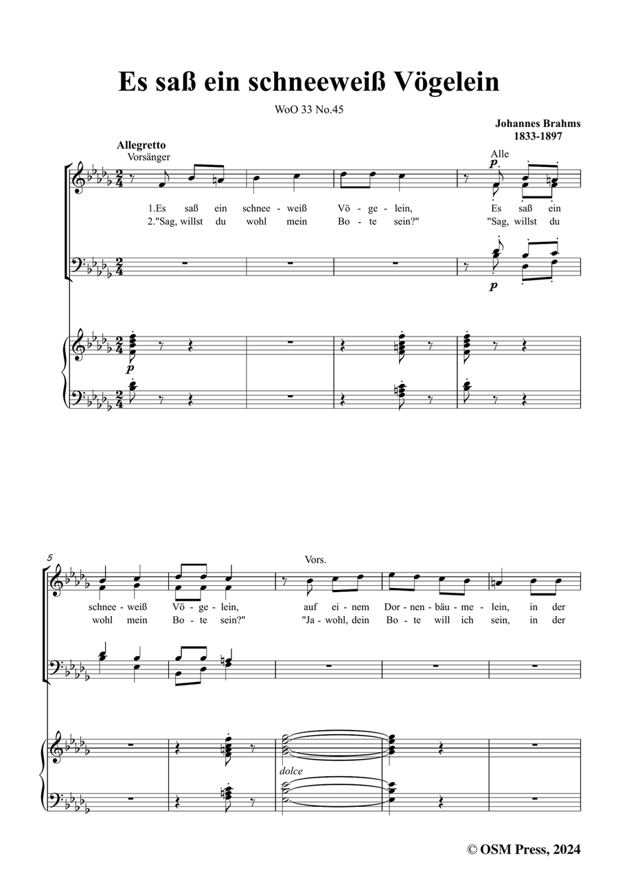 Brahms-Es sass ein schneeweiss Vogelein,in b flat minor Piano, Vocal scores gallery preview page 3