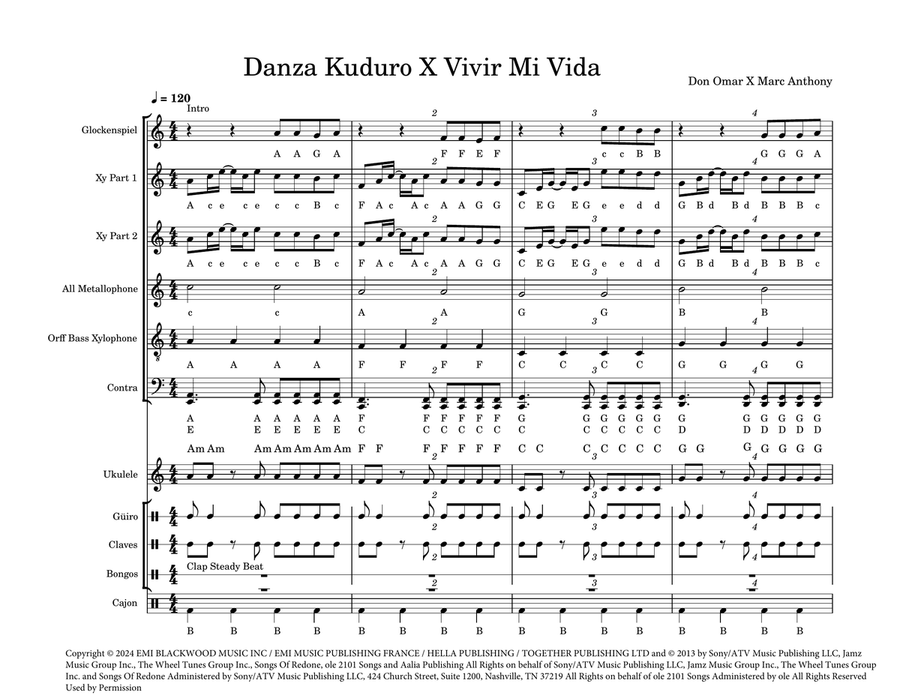 Medley: Danza Kuduro with Vivir Mi Vida Orff Instrument scores gallery preview page 1