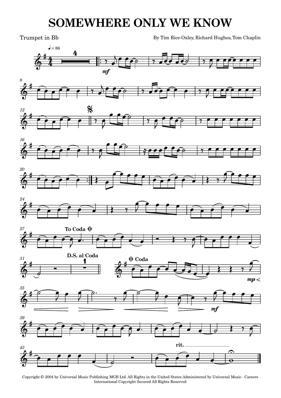 Somewhere Only We Know Somewhere Only We Know Trumpet Solo scores gallery preview page 1