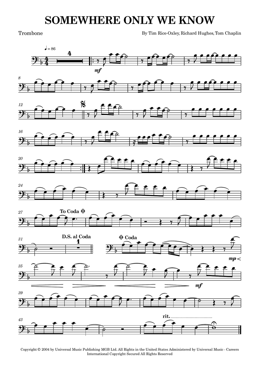 Somewhere Only We Know Somewhere Only We Know Trombone Solo scores gallery preview page 1