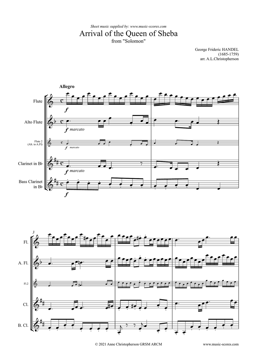 Handel: Arrival of the Queen of Sheba: Flute, Alto Flute, Clarinet, Bass Clarinet Woodwind Quartet scores gallery preview page 1