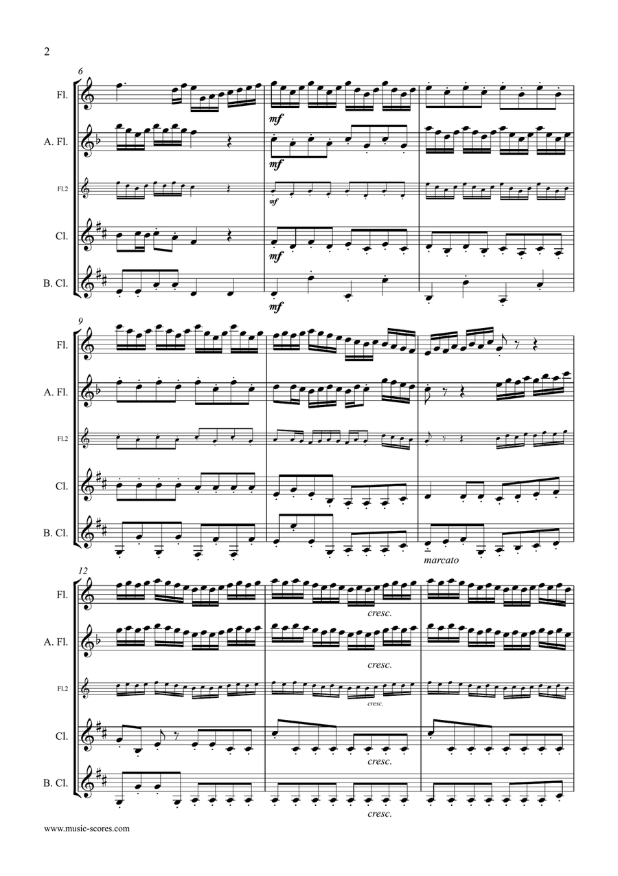 Handel: Arrival of the Queen of Sheba: Flute, Alto Flute, Clarinet, Bass Clarinet Woodwind Quartet scores gallery preview page 2