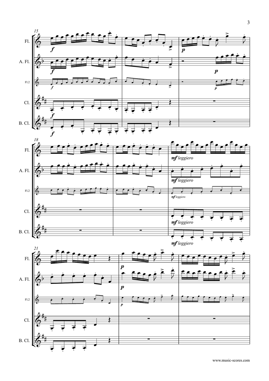 Handel: Arrival of the Queen of Sheba: Flute, Alto Flute, Clarinet, Bass Clarinet Woodwind Quartet scores gallery preview page 3