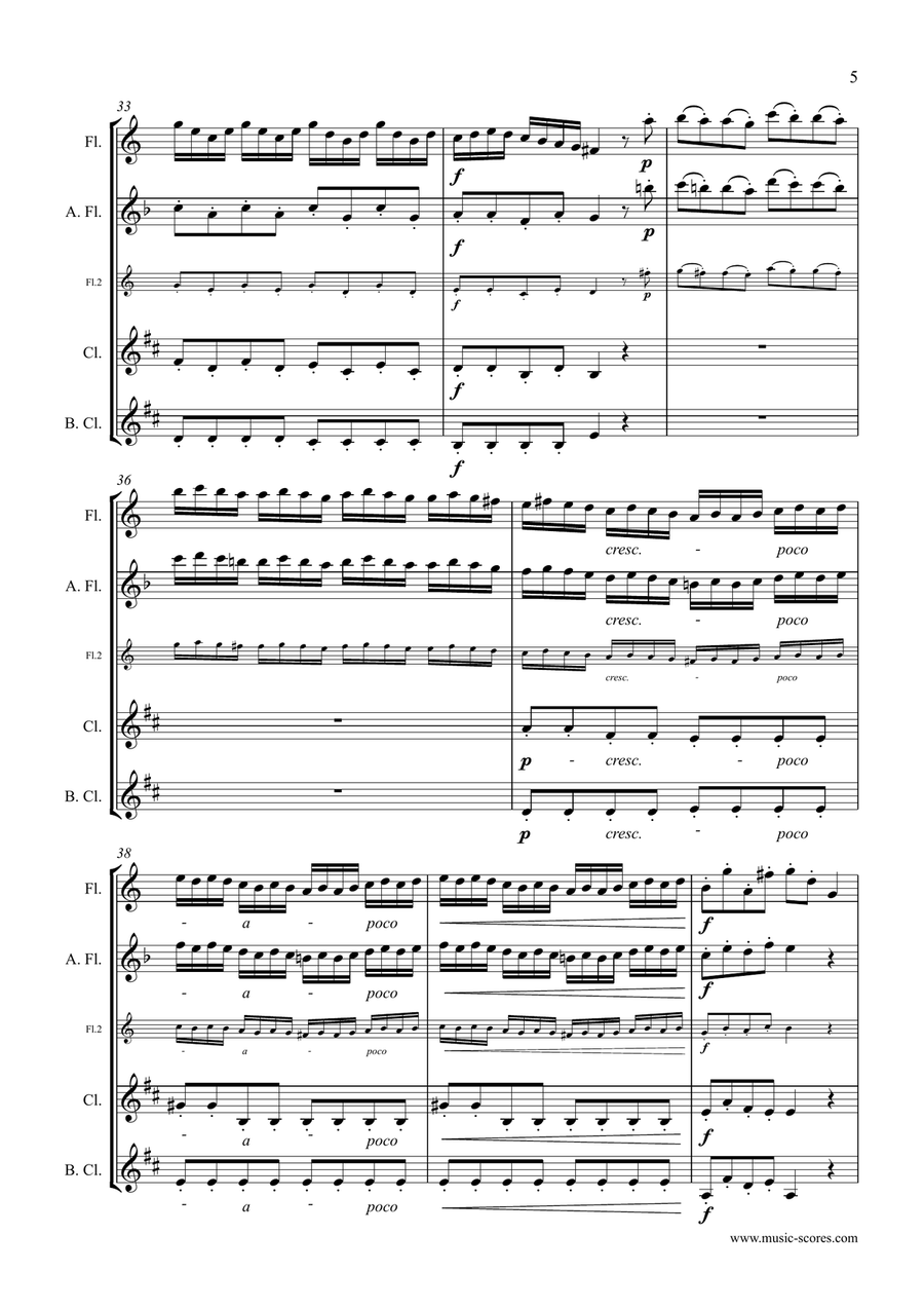 Handel: Arrival of the Queen of Sheba: Flute, Alto Flute, Clarinet, Bass Clarinet Woodwind Quartet scores gallery preview page 5