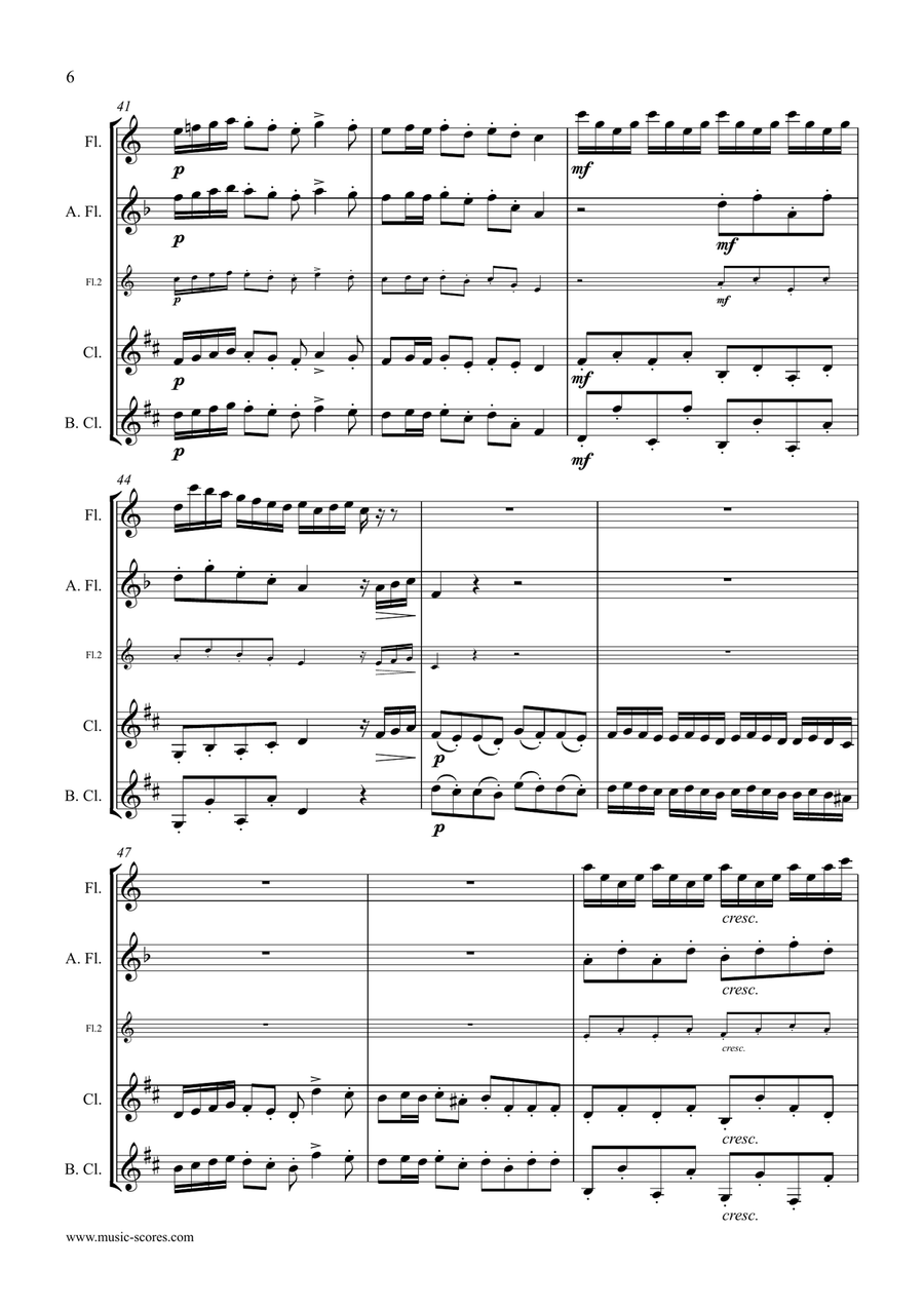 Handel: Arrival of the Queen of Sheba: Flute, Alto Flute, Clarinet, Bass Clarinet Woodwind Quartet scores gallery preview page 6