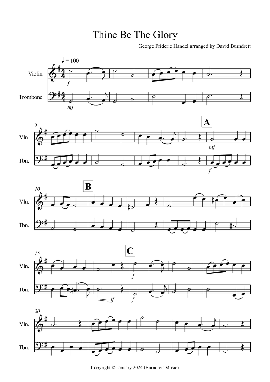 Thine Be The Glory for Violin and Trombone Duet Trombone scores gallery preview page 1