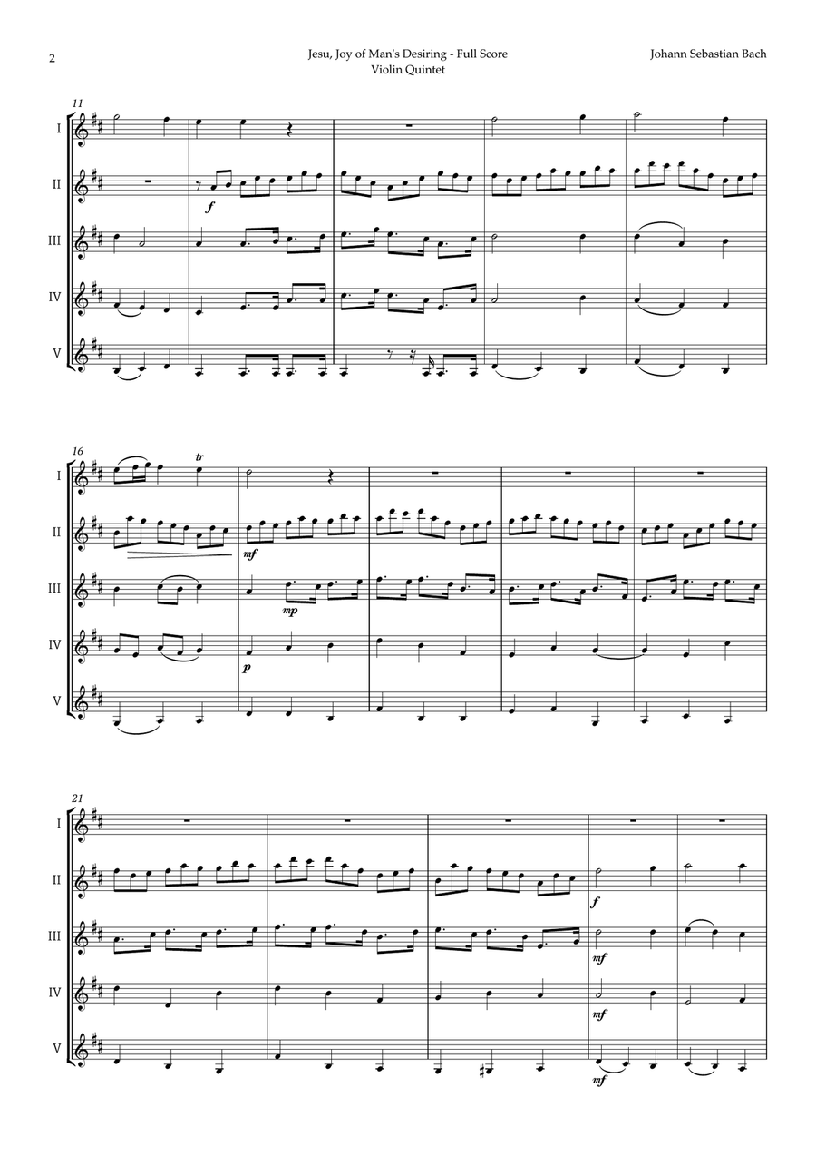Jesu, Joy of Man's Desiring by Bach for Violin Quintet String Quintet scores gallery preview page 2