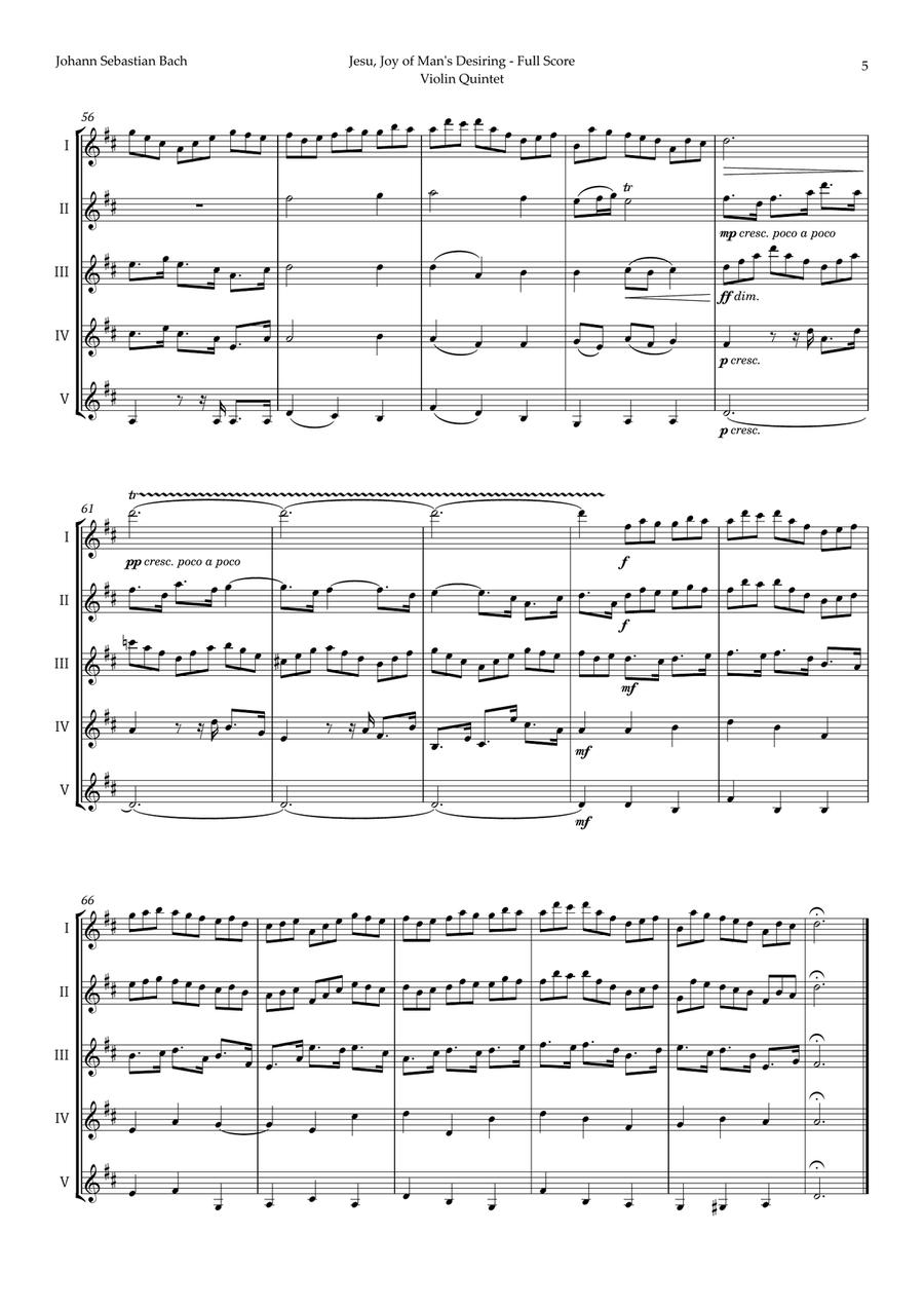 Jesu, Joy of Man's Desiring by Bach for Violin Quintet String Quintet scores gallery preview page 5
